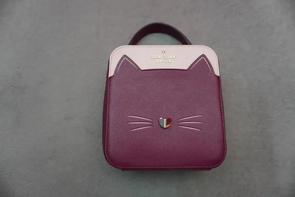 Kate Spade Satchel Bag Womens Small Burgundy Leather Cat Face Top Handle Zip